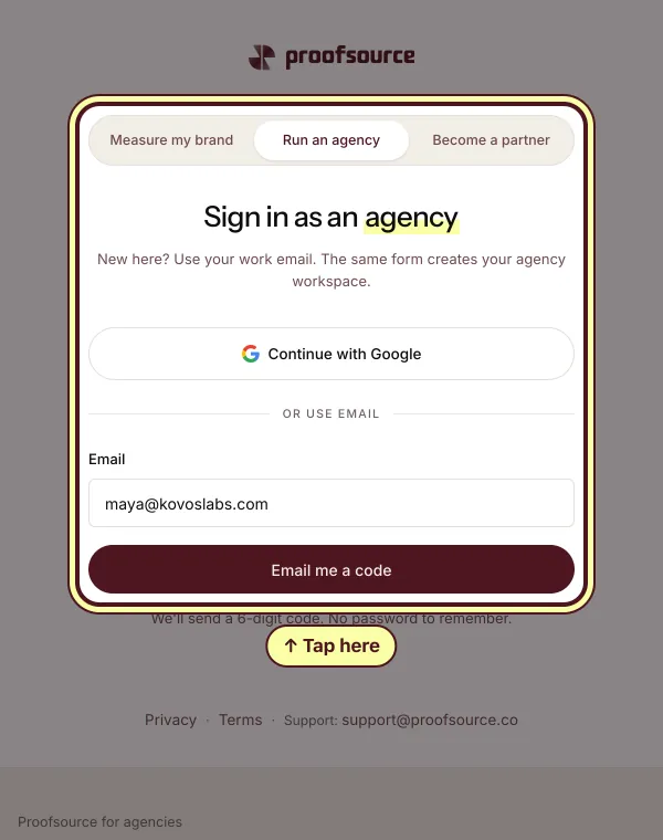 The sign-in screen on its Agency tab, a work email typed in and the Email me a code button circled