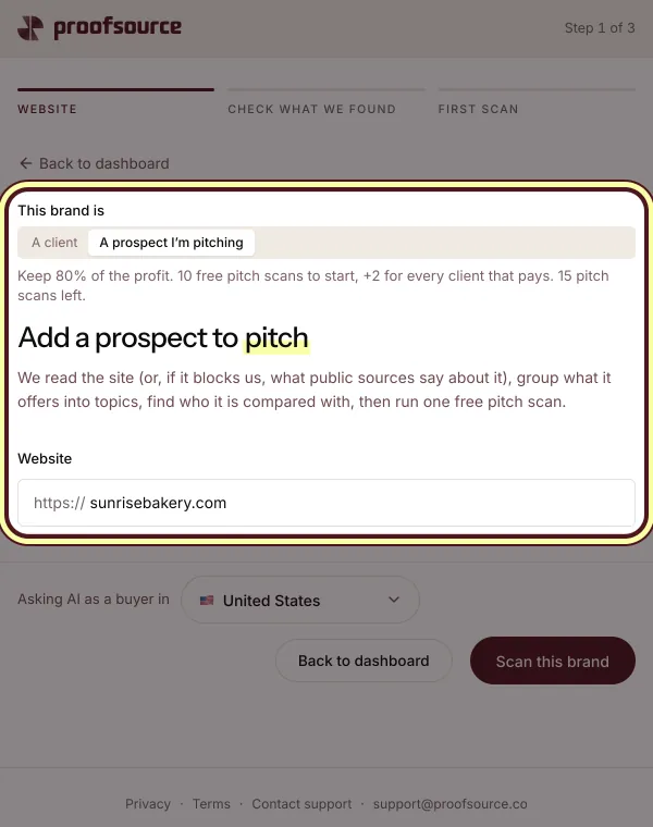 The add wizard with A prospect I'm pitching picked and the prospect's website typed in