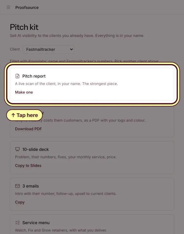 The Pitch kit with the Pitch report, a live scan of the client in your name, and its Make one button circled