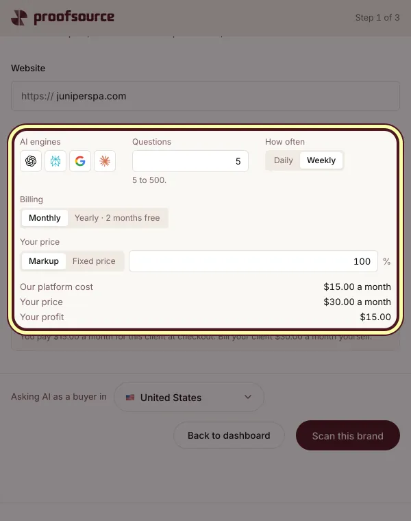 Add a client: the client's plan, our platform cost, a 100% markup as your price and your profit