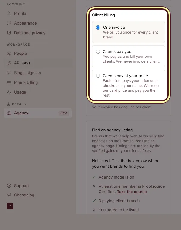 Client billing in Settings, Agency: One invoice, Clients pay you and Clients pay at your price