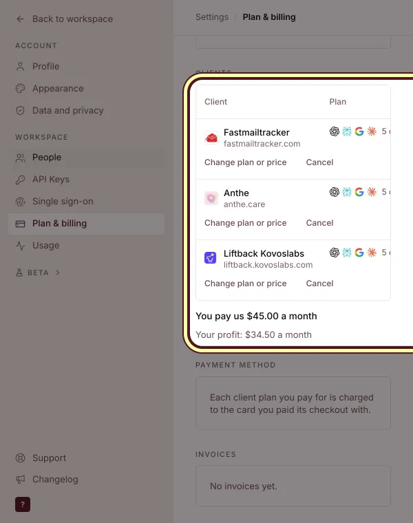 Plan & billing: each client's plan, who pays, our cost, your price and your profit
