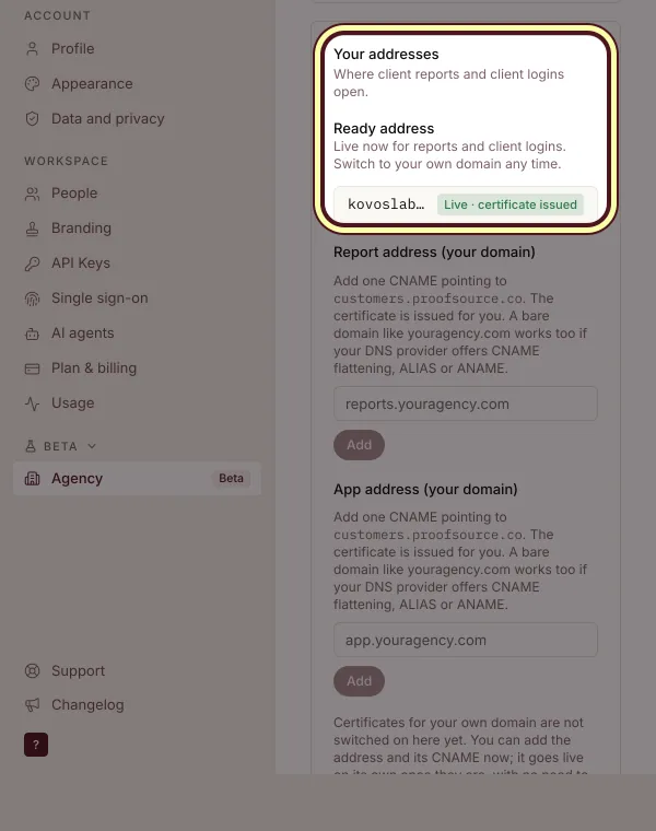 Your addresses: the ready address kovoslabs.proofsource.co, live for reports and client logins