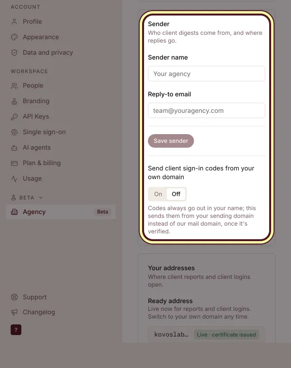 Sender in Settings, Agency: who client digests come from, and client sign-in codes sent from your own domain
