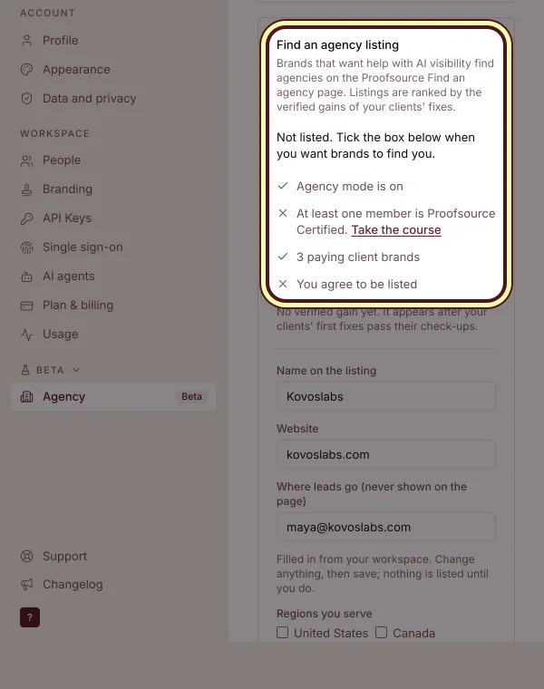 The Find an agency listing in Settings, Agency, with what it takes to be listed