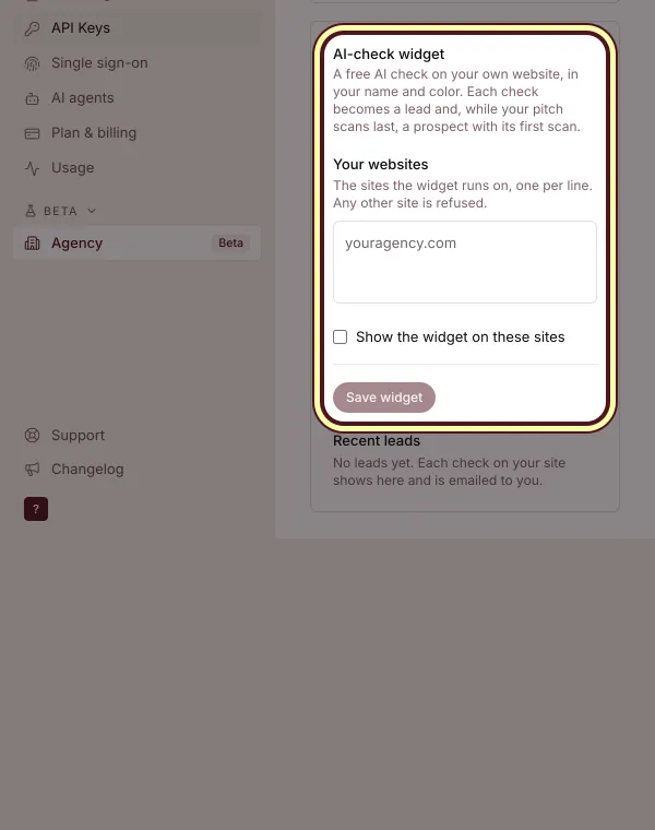 The AI-check widget for your own website: every check becomes a lead and a prospect