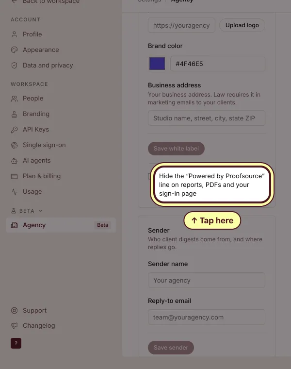 The box in White label that hides the Powered by Proofsource line on reports, PDFs and your sign-in page