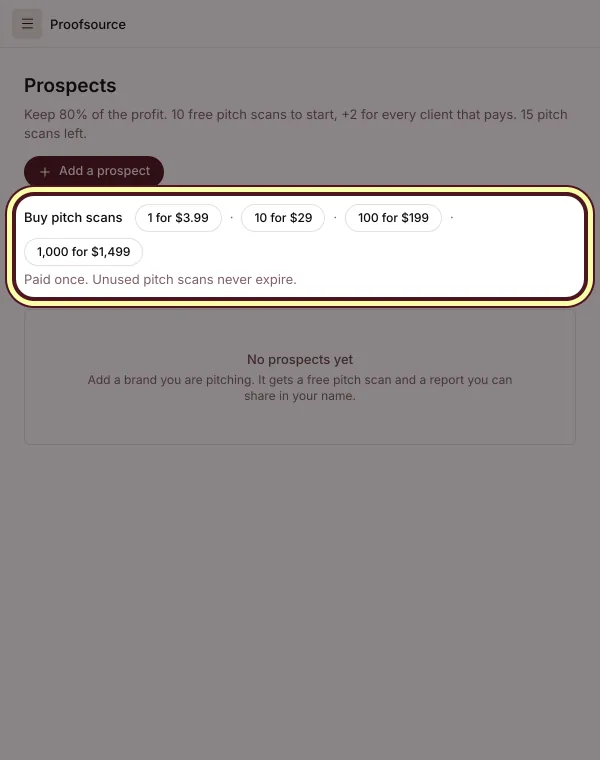 Buy pitch scans on Prospects: four packs, each paid once, and unused pitch scans never expire