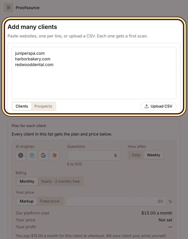 Add many clients: three client websites pasted, one per line, beside Upload CSV