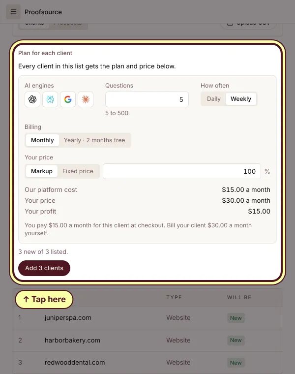 Add many clients: one plan and a 100% markup for every client in the batch, with our platform cost, your price and your profit, and the Add 3 clients button