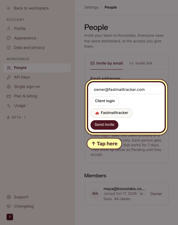 Invite by email in Settings, People: the client's email typed, Invite as Client login, Fastmailtracker chosen and the Send invite button circled