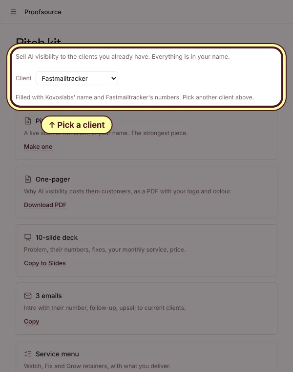 The Pitch kit, filled with Kovoslabs' name and one client's numbers, with the client picker at the top