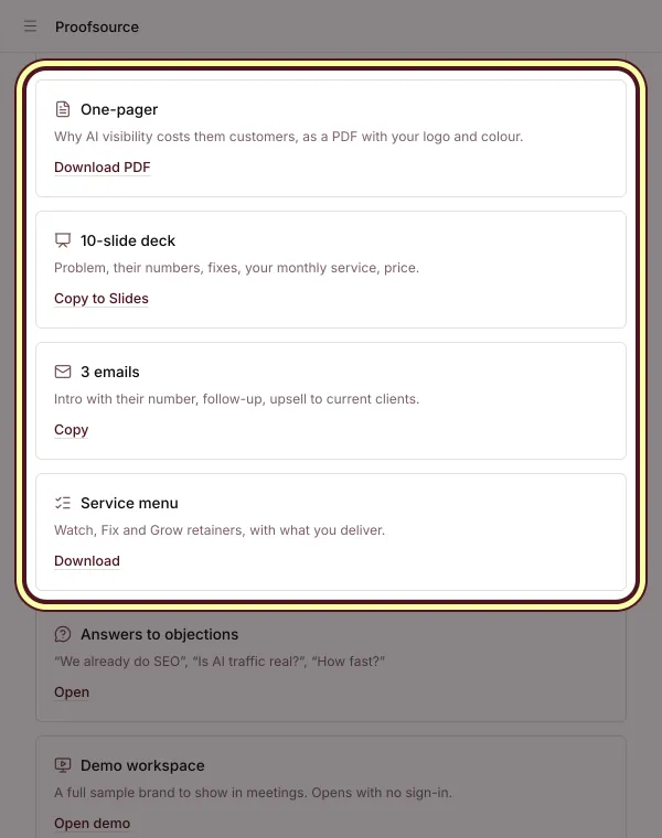The Pitch kit's pieces: a one-pager PDF, a 10-slide deck, 3 emails and a service menu, each with its button