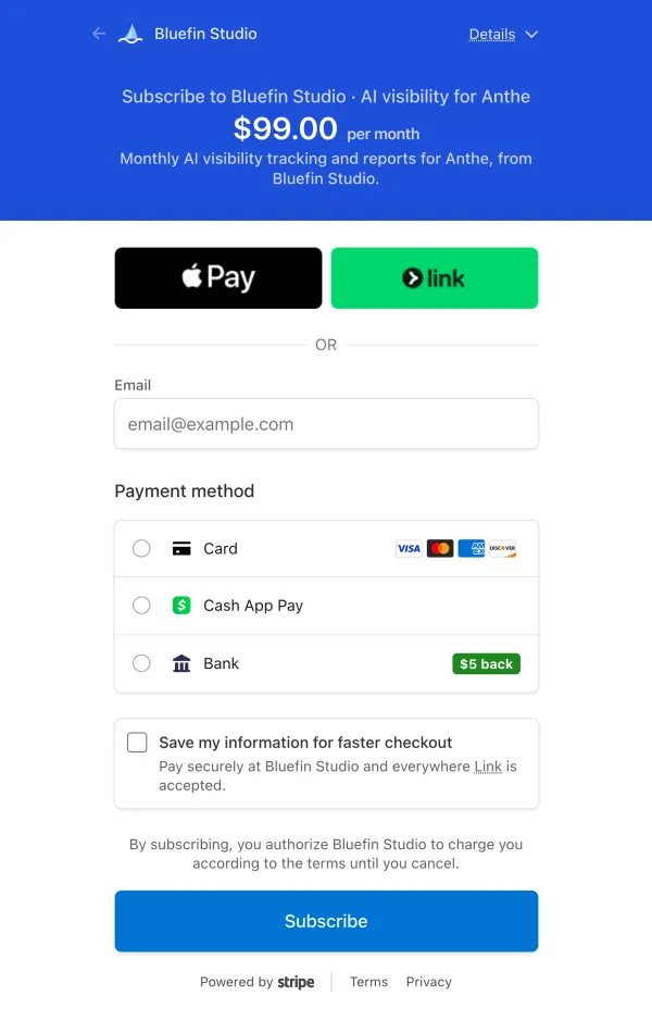 The Stripe checkout Anthe pays on, in the agency's name, logo and color, at the agency's price