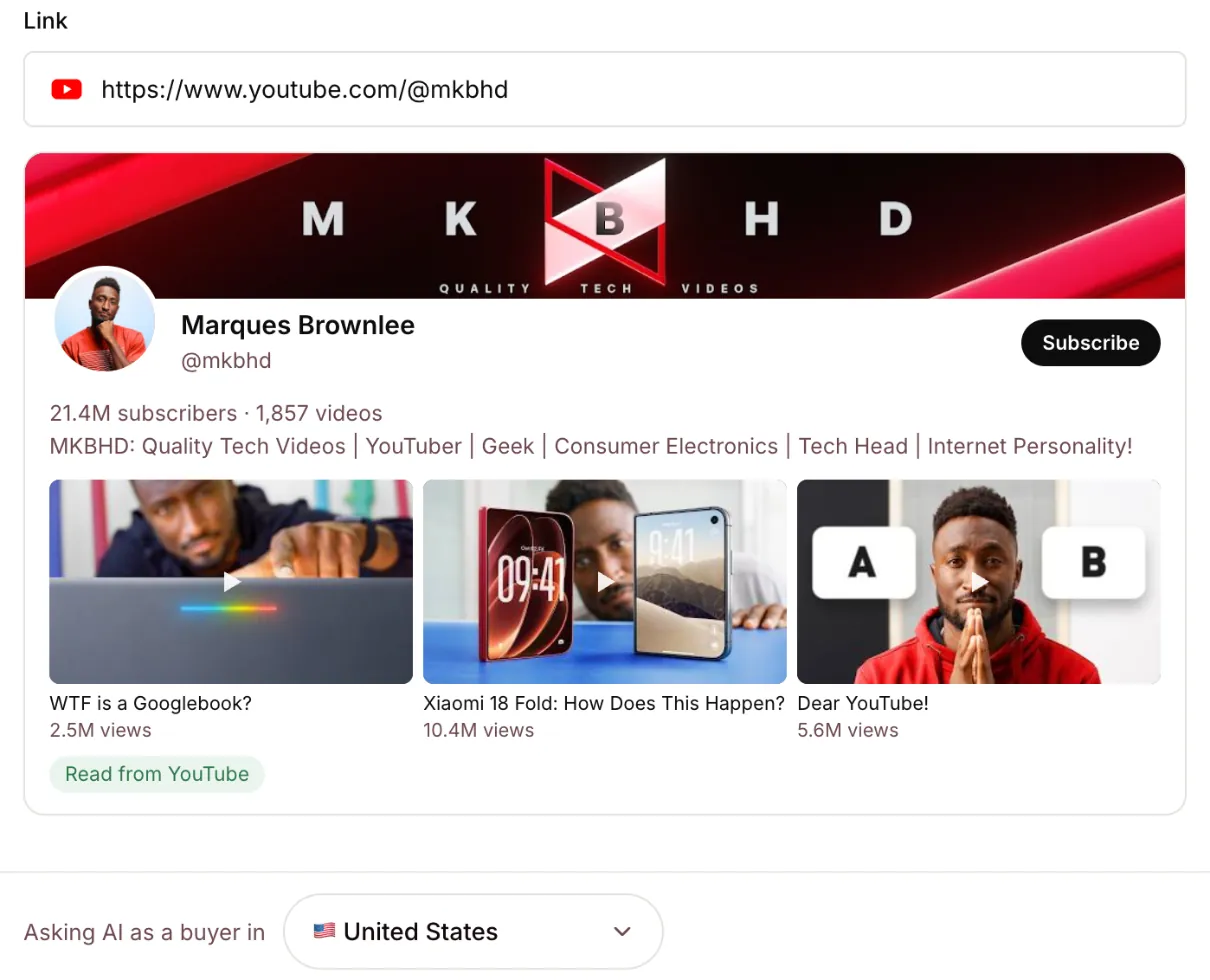 MKBHD read from YouTube: banner, avatar, 21.4M subscribers, about 1,850 videos and recent uploads.