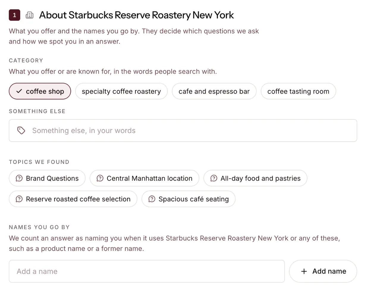 The category and topics Proofsource found for Starbucks Reserve Roastery New York, a coffee shop in Manhattan.