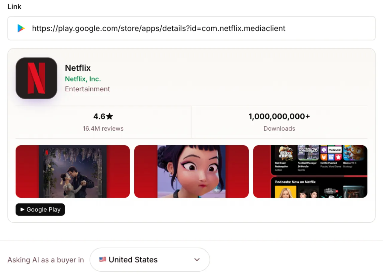 Netflix read from Google Play: 4.6 stars from 16.4M reviews, 1B+ downloads and three screenshots.