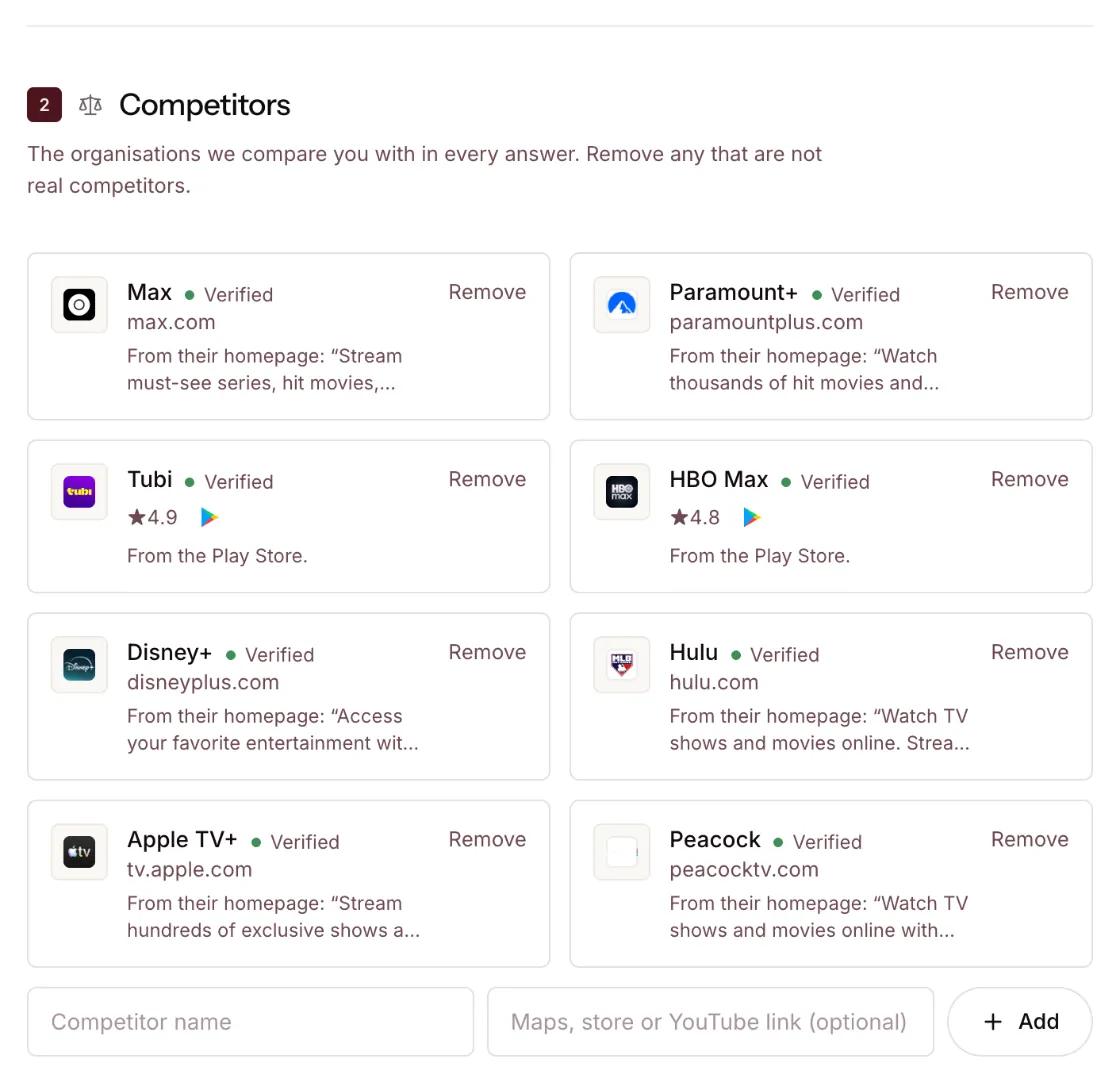 Netflix's verified competitors, each confirmed from its own homepage.