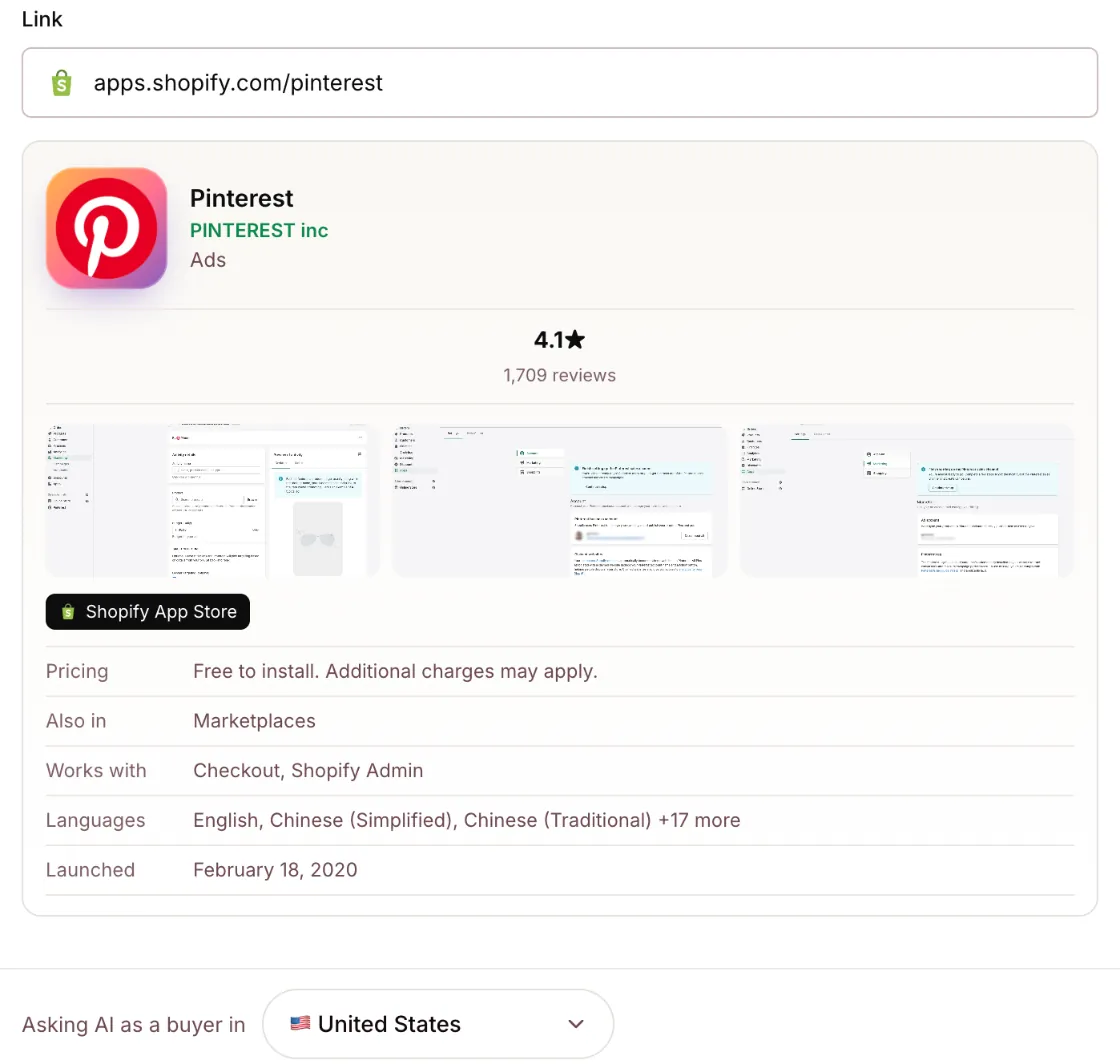 The Pinterest app read from the Shopify App Store: 4.1 stars from 1,708 reviews, category Ads, free to install, works with Checkout and Shopify Admin, launched February 18, 2020.
