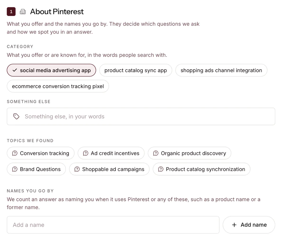 Pinterest described as a Shopify app in the Ads category, with the topics merchants ask about.