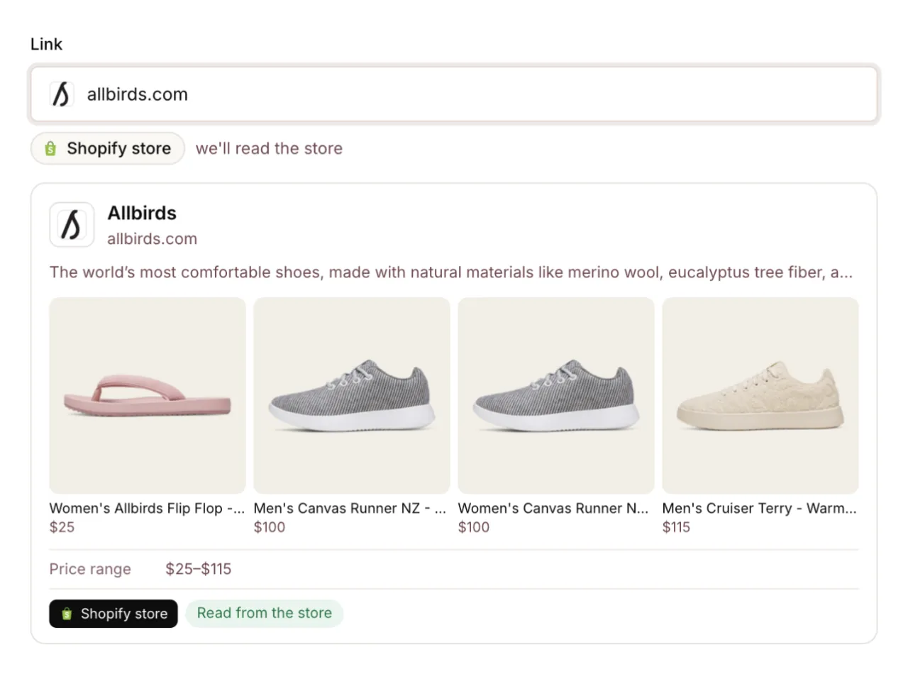 allbirds.com read as a Shopify store: logo, description, four products with prices and a $25 to $115 price range.