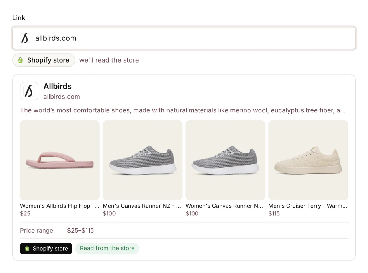 allbirds.com als Shopify-Shop erkannt: Logo, Beschreibung, vier Produkte mit Preisen und eine Preisspanne von 25 $ bis 115 $.