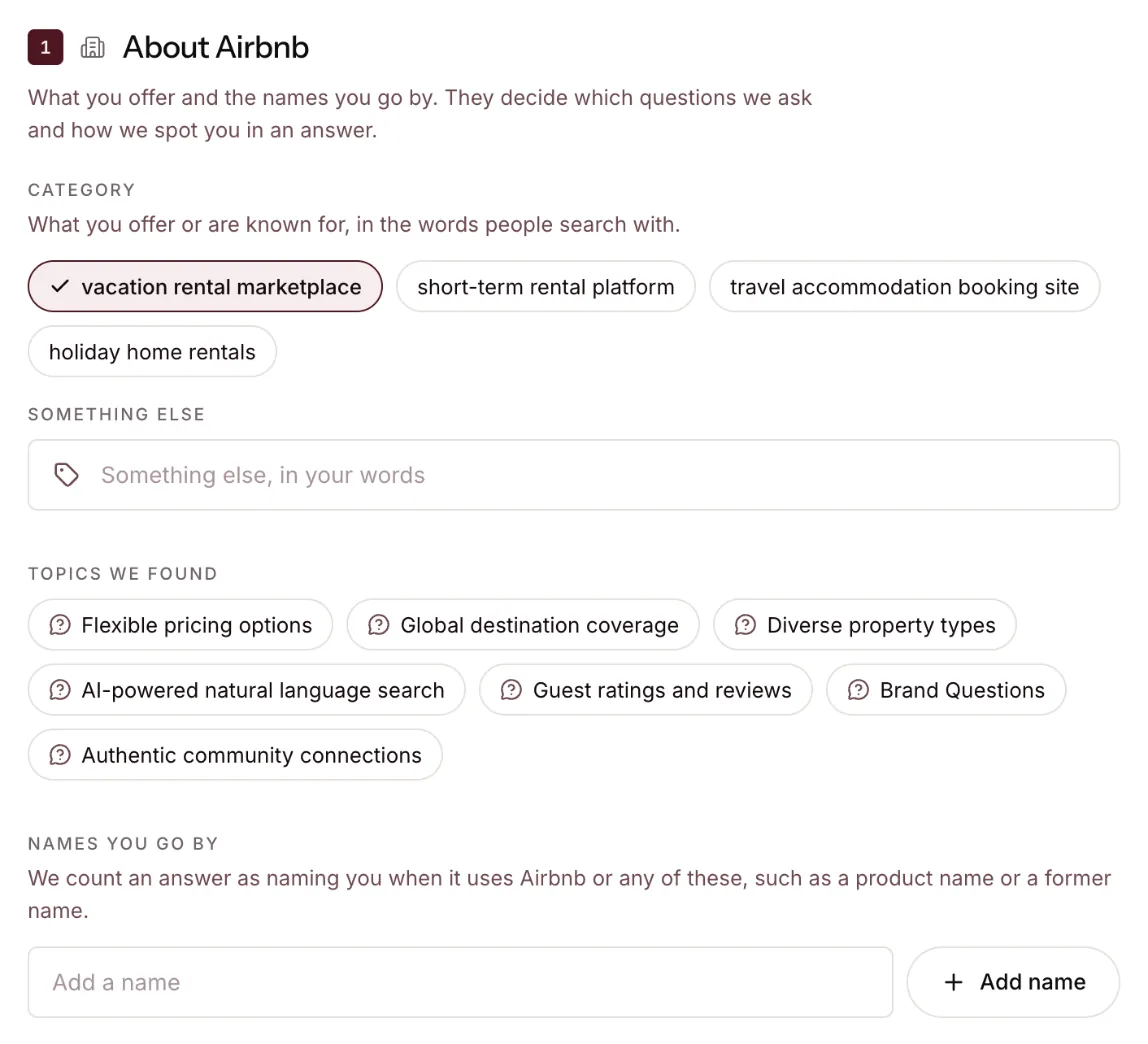 Airbnb described as a vacation rental marketplace, with the topics its buyers ask about.
