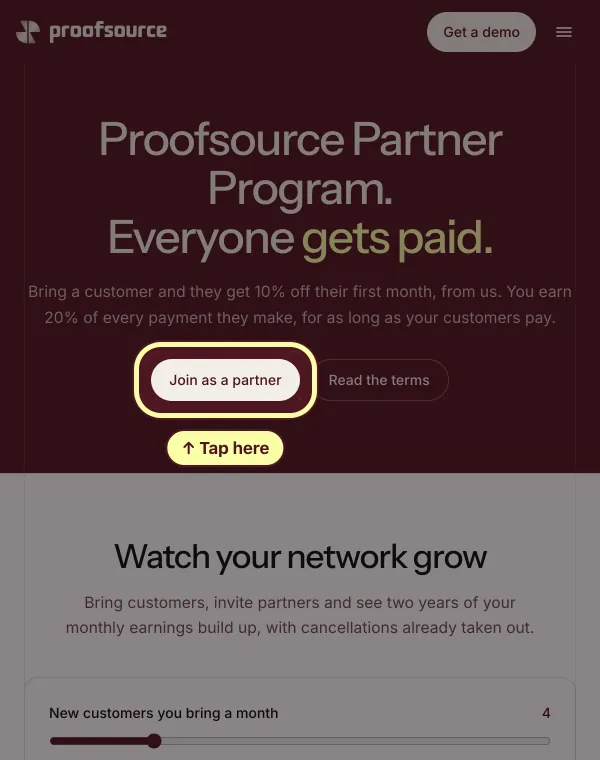 The Proofsource partner page with the Join as a partner button circled