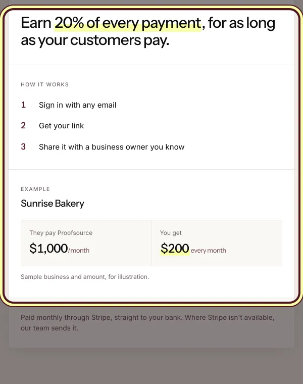 The partner offer on the sign-in screen: earn 20% of every payment, and a bakery that pays $1,000 a month earns its partner $200 a month