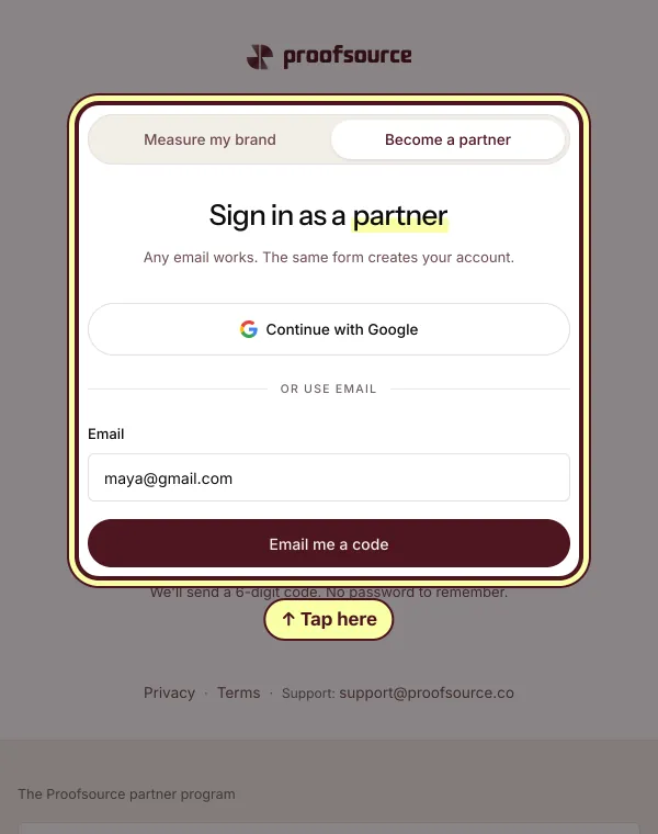 The sign-in screen with Become a partner picked, an email typed in and the Email me a code button circled