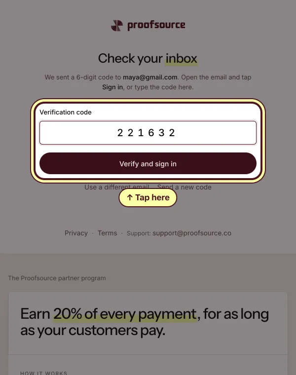 The Check your inbox screen with the 6-digit code typed in and the Verify and sign in button circled