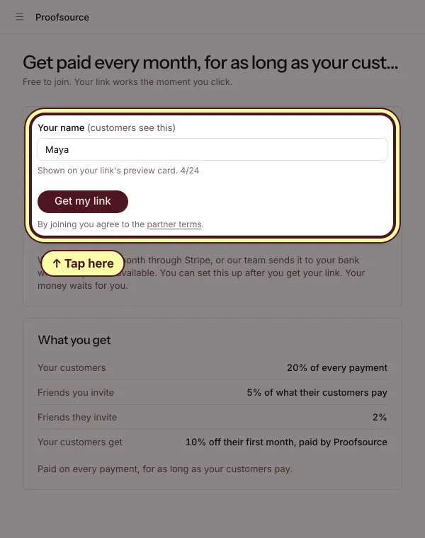 The join screen with Your name (customers see this) filled in as Maya and the Get my link button circled