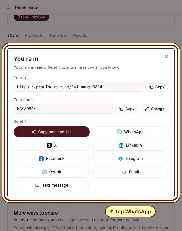 The You're in screen with your new link, your code and a button for every way to send it, WhatsApp circled