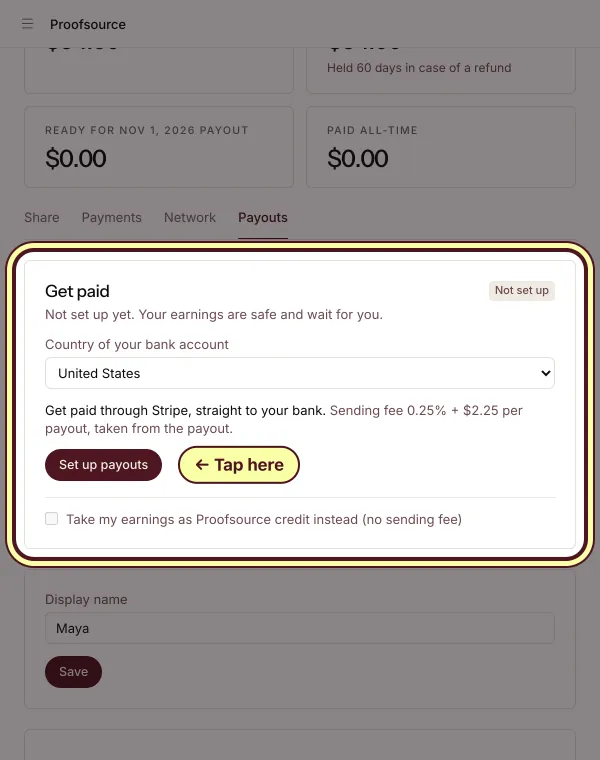 The Payouts tab with United States picked as the country of your bank and the Set up payouts button circled, to get paid through Stripe