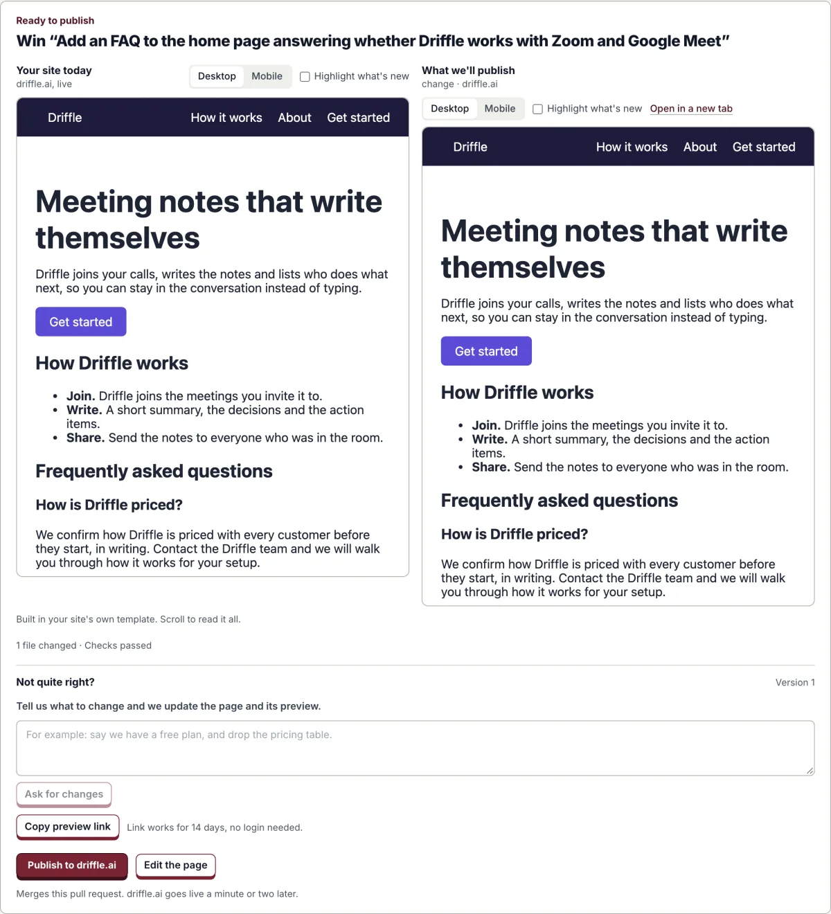 Eine Korrektur, bereit zur Veröffentlichung in Proofsource für Driffle, unsere eigene Meeting-Notizen-App: die Frage, die sie gewinnen soll, die Website von heute neben der Seite, die in der eigenen Vorlage der Website veröffentlicht wird, eine geänderte Datei mit bestandenen Prüfungen und ein Button „Publish to driffle.ai“.