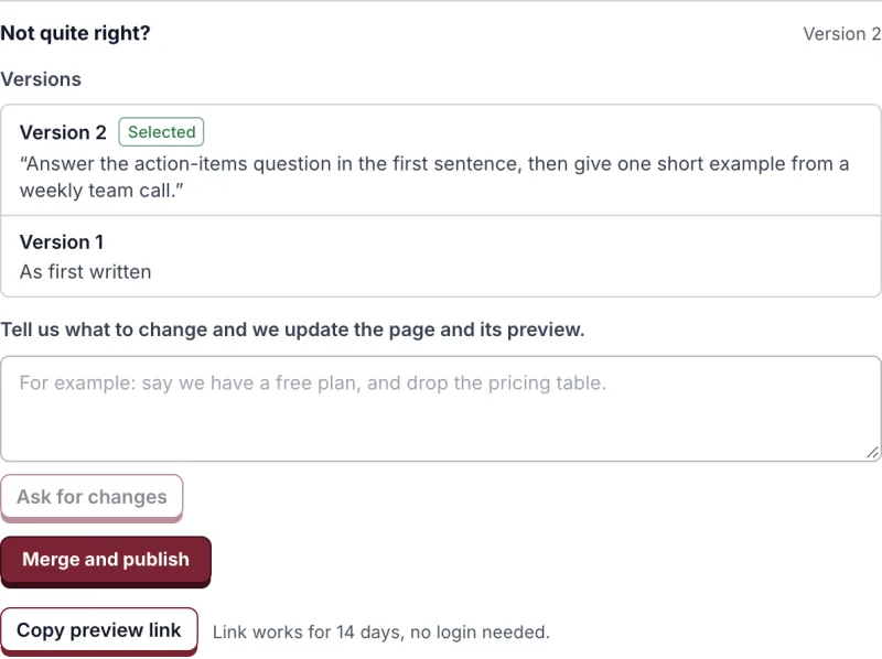 Diese Seite an einer Live-Korrektur verbessern: Version 2 mit der gewünschten Änderung, Version 1 wie zuerst geschrieben, ein Feld, um zu sagen, was sich ändern soll, und „Merge and publish“.